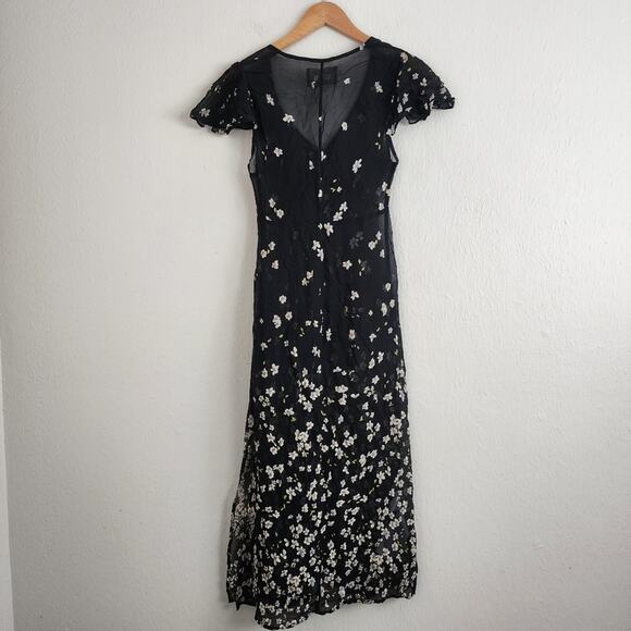 Reformation Black Floral Oleander Sheer Flutter Short Sleeve V-Neck Midi Dress - Picture 9 of 11